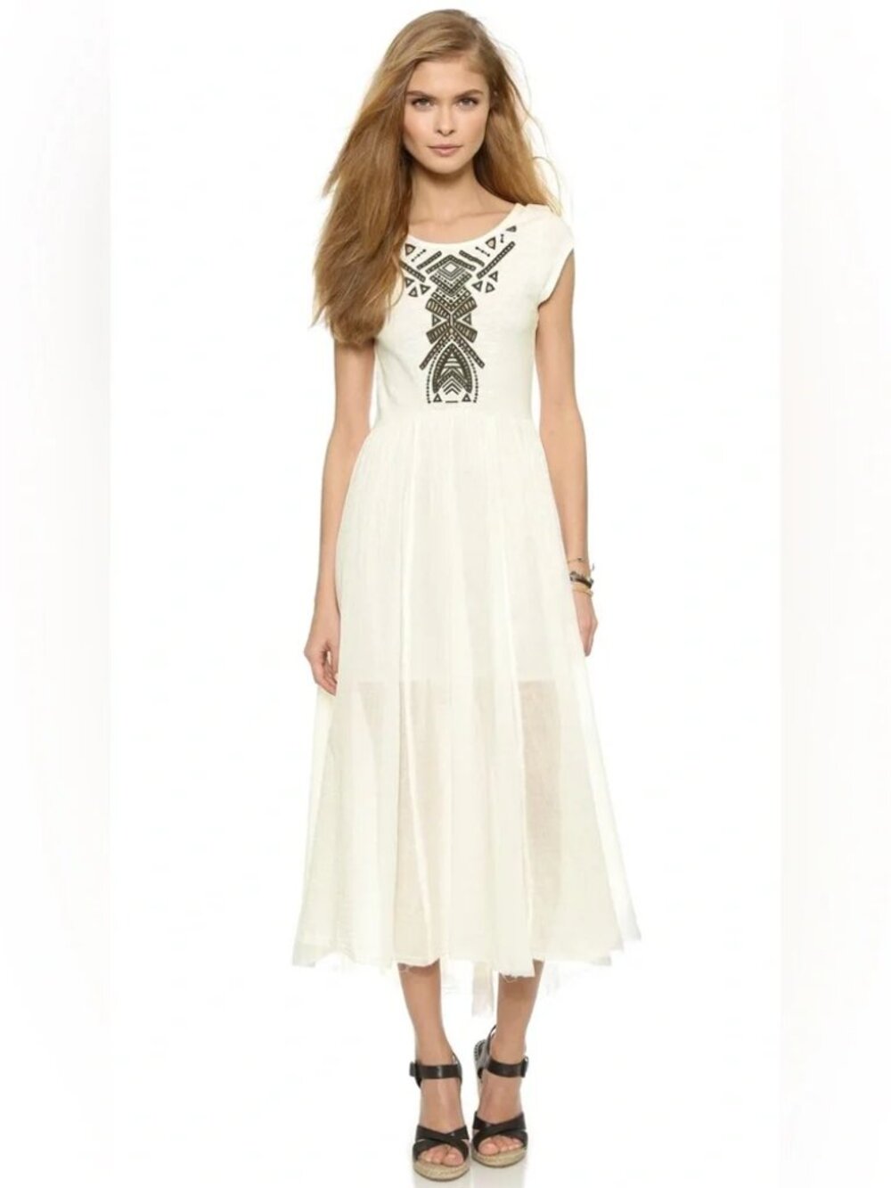 FREE PEOPLE Toosaloosa Slub Meadows Embroidered Midi Nap Dress S Boho Festival